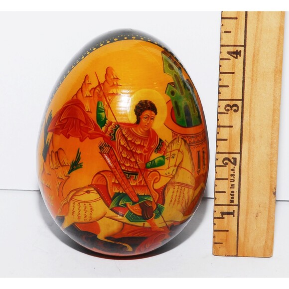 Rare Russian Orthodox St. George the Victorious Wood Egg Hand Painted Vintage - Picture 2 of 9